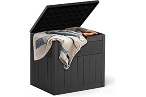 DKIEI 126L Garden Storage Box with Padlock, Lockable Outdoor Storage Box Waterproof for Tools, Cushion, 55.5x43x53 cm, Rattan Pattern, Black