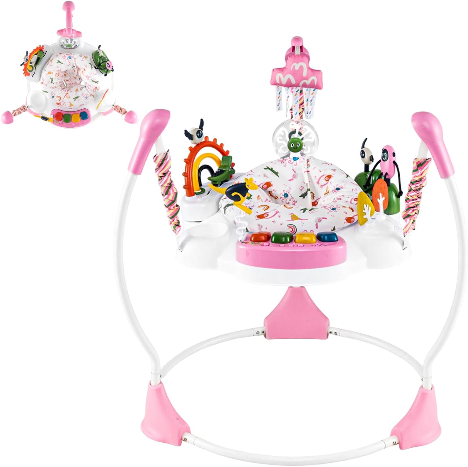 GYMAX Baby Jumpers & Bouncers, Interactive Baby Jumperoo Activity Center with 360° Rotary Seat, 3 Adjustable Heights, Music, Lights, Interactive Toys, Toddler Bouncer for 6 Months+ (Pink)