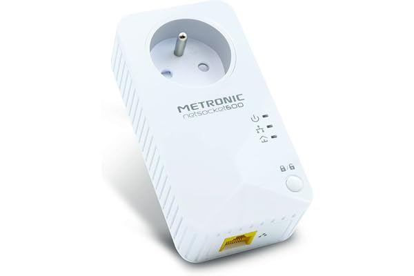Metronic 495466 Prise CPL netsocket 600 MB/s avec 1 Port Fast Ethernet 100 MB/s et Prise gigogne