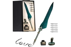 PIUMOJ Stylo Dip à Plume Set, Plume Calligraphie, Quill Feather Pen Set avec 5 Plumes de Rechange, Encre, Porte-stylo pour Cadeau de Anniversaire Vacances, Vert