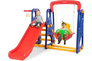 GOPLUS Parque Infantil 3 en 1, Tobogán y Canasta de Baloncesto de Polietileno de Alta Densidad con Asas, Escalera Antideslizante, Columpio, Esquinas Redondeadas, para Interior y Exterior, Multicolor