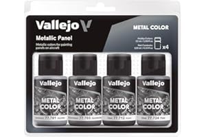 Vallejo Metal Color Set de Pintura Acrílica Metallic Panel. Kit de 4 Colores de Acabado Metalizado en Botellas de 32 Ml con Cuentagotas para Pintar Paneles de Aviones de Cualquier Época