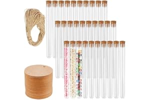 Firschoie 30 Stück Reagenzgläser, 15x150mm Reagenzgläser mit Korken kunststoff, Transparent Reagenzgläsern mit 30 Piece Kraftpapieranhänger und 20m Hanfseil,für Laboratorien, Bonbons, Blumen