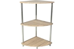 Saxony® Corner Shelf Unit 3 Tier Oak Finish Corner Shelving Storage Shelves Small Bookshelf Free Standing Stainless Steel Legs Living Room Decor Stylish Indoor Furniture