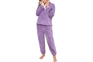 Niwicee Pijama para Mujer Invierno Conjunto de Pijama Forro Polar Super Suave Ropa de Dormir 2 Piezas Damas Ropa de Noche Manga Larga cálida y Pantalones Largos con Bolsillo