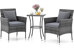 GIANTEX Salon de Jardin 2 Personnes en Rotin, Table de Jardin Extérieure avec 2 Chaises, Plateau en Verre Trempé, Coussins, Pieds Réglables, pour Cour, Terrasse, Balcon (Gris)