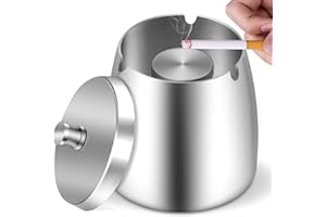 BRSINSE Aschenbecher, Aschenbecher mit Deckel (9×7×9cm), Edelstahl Aschenbecher für Draussen, Sturmaschenbecher als Windaschenbecher, Standaschenbecher mit Rutschfest Boden für Draußen und Innen (Silber)