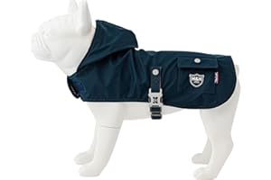 HUGO & HUDSON Dog Raincoat with Hood - Adjustable Waterproof Rain Coat Jacket with Harness Hole - Double Layered with Blue and White Lining - Navy - L