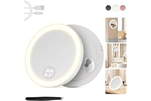 MOMOKUBA Kosmetikspiegel mit Beleuchtung, 30-Fach Vergrößerungsspiegel mit Saugnapf, 3 Farben beleuchtbar und dimmbar, für Präzisionsmake-up, Wand- oder Tischspiegel für Badezimmer, Weiß