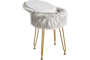 IBUYKE rotondo Faux Pelle Vanity Sgabello con stoccaggio, poltrona di trucco pelosa ottomano, seduta imbottita morbida, sgabelli rotondi poggiapiedi con 4 gambe in metallo, grigio WBD021G