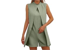 SYDUZAX Combinaisons Et Combishorts Femme sans Manches Suit Col Rond Chic et Élégant Jumpsuit D'été Couleur Unie Combishort Femme De Soirée Slim Fit Travail Combinaison Ample Loose Casual Barboteuse