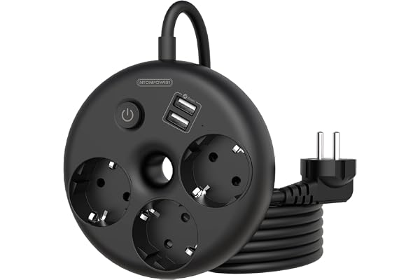 NTONPOWER Multiprise Electrique, Bagel Shape Bloc Multiprise 3 Prises avec 2 Ports USB de Recharge avec Cordon de 3m, Protection Contre Les Surcharges, Protection pour Les Enfants, Interrupteur, Noir
