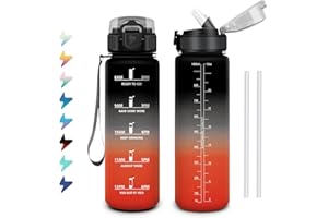 KOLLYKOLLA Bouteille d'eau 1L, Gourde Motivation avec Marqueur de Temps, Gourde avec Paille, Facile à Nettoyer, Étanche et Réutilisable, Bouteille pour Bureau, Déplacements, Yoga, Course à Pied, Camping