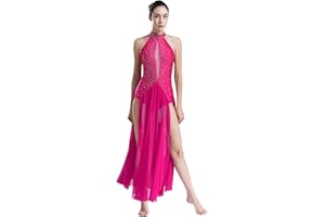 ranrann Femme Robe Danse Contemporaine sans Manches Robe Danse Lyrique Strass Justaucorps Gymnastique Tenue
