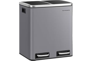 SONGMICS Kosz na odpady kuchenne, 2 x 15 l, system segregacji odpadów, 2 komory, zawiera 15 worków na śmieci, kosz na śmieci z pedałem, odpady nadające się do recyklingu, matowy szary LTB030G01