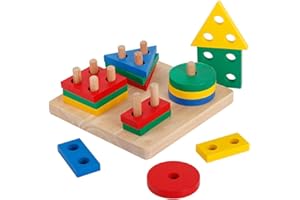 Afunti Giocattoli per Bambini Montessori Forme Geometriche Ordinamento e Impilamento Block Board, Puzzle Educativi in Legno per 2 3 4 5 Anni Neonati Ragazzi Ragazze Bambini