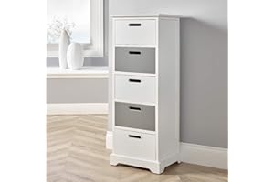 Home Source White Grey Wooden Chest Tallboy Storage Unit Bedroom Office Organiser, 5 Drawer