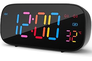 LIORQUE Réveil Numérique, Reveil a Piles LED en Couleur avec Fonction de Snooze, Reveil Digital avec Température, 0-100% Luminosité, 8 Sonneries, 2 Alarmes, 12/24H, Port de Charge USB, Noir