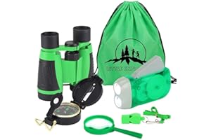 VGEBY1 Fernglas für Kinder, 6 Stück Kinder Ferngläser Handkurbel Taschenlampe, Mini Kompass, Lupe, Whistle und Kordelzug Rucksack Spielzeug Kit Ostergeschenke Kinder für Camping Wandern