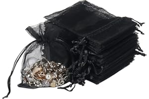 YQL Black Organza Gift Bags, 100PCS 8X10cm Small Mesh Jewelry Pouches Party Favourbags with Drawstring for Wedding Baby Shower Christmas, Black Organza Bags for Bracelet Packaging, Jewellery
