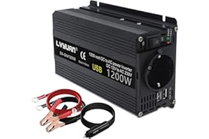 YINLEADER Falownik 12 V 230 V 1200 W przetwornica napięcia DC 12 V na AC 230 V siła uderzenia inwerter samochodowy z gniazdem UE i 2 portami USB łącznie z wtyczką do gniazda zapalniczki samochodowej