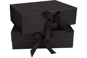 SENENQU 2 Pack Black Magnetic Gift Box with Ribbon, 32 x 23 x 10cm Large Luxury Present Box, Folded Wedding Gift Boxes with Lid for Presents Packaging Birthday Anniversary Christmas Festivals