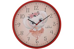 ‎MPM QUALITY MPM Quality Design Kinder Wanduhr aus Kunststoff, Made in EU, Rot/Rosé, Motiv Elefant, Quarz-Uhrwerk, Moderne Wanddeko, Runde Kinder Uhr, ∅ 250 x 20 mm, für Kinderzimmer, Kindergarten, die Schule