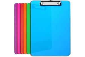 OFFICE SOLUTIONS DIRECT Porte Documents Plastique avec Clip en Métal | Porte-Blocs Couleurs Assorties Résistant 32 x 23 cm | Fixe jusqu’à 100 feuilles. Support Bloc-notes Acrylique Coloré à Pince Rigide | Lot de 6