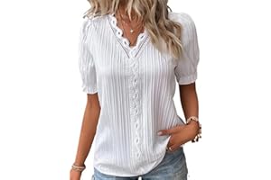 LAKEMON 2023 V Neck Plain Lace Elegant Shirt,Short Sleeve Shirt for Women Loose Top
