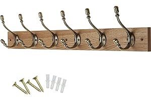 keypak Rustic Wall-Mounted Coat Rack 6 Hook Rail, 69cm, Handcrafted Dark Wood with Antique Brass Hooks for Coats, Towels & Bags
