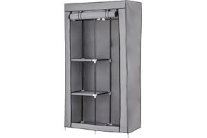 Baroni Home Armadio in Tessuto Richiudibile, Pieghevole Salvaspazio con Struttura in Ferro per Camera da Letto, Grigio, 2 Ripiani Laterali, 1 Barra Appendiabiti, 88x45x160 cm