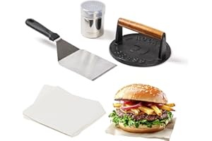 ROCKSHEAT 4PCS Smash Burger Press Kit, 7" Round Cast Iron Smash Bacon Press, Spatula, Seasoning Shaker and Patty Papers, Food-Grade Griddle Press Set for Outdoor Grilling and Tailgates