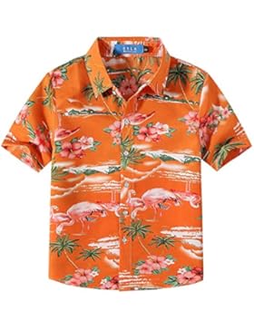 SSLR Jungen Rosa Flamingos Button Down Casual Kurzarm Hawaii Hemd