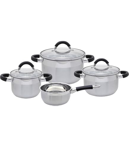 Eisenbach, set di pentole in acciaio inox, 16 pezzi, con indicatore di temperatura, 9 strati, set di pentole con 2 piastre isolanti per tutti i piani cottura (cartone blu