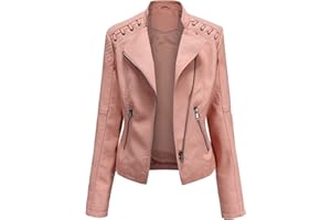 LIEVETY Women's Faux Leather Moto Jacket Zip Moto Pu Leather Biker Jacket Coat with Pockets Outwear Slim Coat