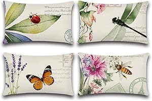 Artscope Set di 4 Impermeabile Federe Copricuscini Decorativi Quadrate Fodere per Patio Giardino Soggiorno Fattoria Fodera per Cuscini da Esterno 30x50cm Insetti e Piante