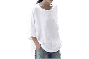 TIMEMEAN Blouses Femmes Chemisier Tunique en Coton Et Lin à Manches 3/4 De Grande Taille Chemise Basique Décontractée à Col Rond Et Couleur Unie