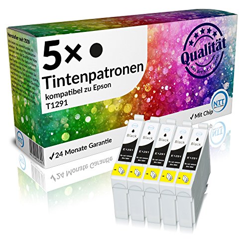 N.T.T.® 5 x Stück XL Druckerpatronen / Tintenpatronen kompatibel zu Epson T1291 Schwarz, Sparpack