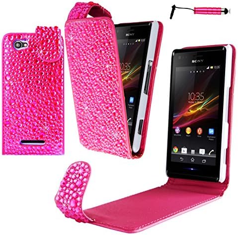 Magic Global Gadgets - Pink Sparkly Diamond Bling Rhinestone Gems Luxury Leather Flip Case For Sony Xperia M / M Dual C1904 / C1905 / C2004 / C2005 Magnetic Flip Protective Stylish Design Pouch Cover With Screen Guard Protector & Capacitive Mini Stylus Pen
