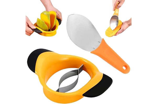 Mangoskärare, mangoskärare med blad av rostfritt stål och frukthållare, mangodelar och urkärning, frukturkärnare, halkfritt handtag, köksutrustning för hemmet, 19,8 x 13,3 x 5 cm, svart