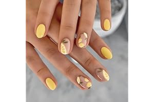 MIKLOVEN 24pcs Short Oval French Yellow Press-On Nails, Nude Pink Full-Cover Acrylic False Nails with Summer Lemon Zing Accent, 12 Sizes, Reusable Stick-On Set for Women & Girls