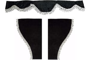 24/7Auto 3 rideaux en velours velours noir avec pompons blancs visière avant + fenêtres latérales pour 106 105 95 camions