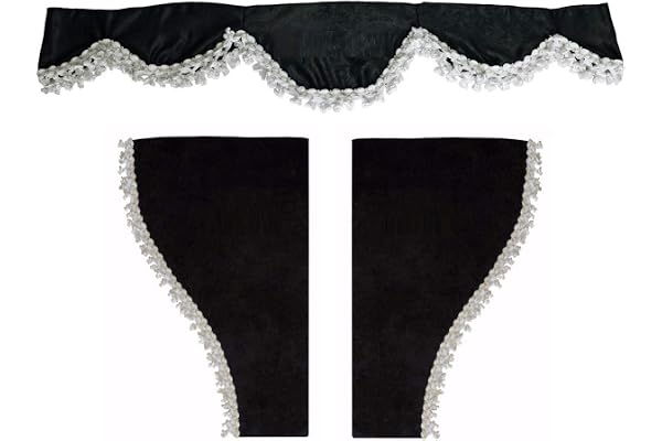 Lot de 3 rideaux noirs en velours avec pompons blancs pour pare-soleil avant + fenêtres latérales pour camions Scania S R P L G