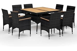 Gecheer 9-TLG. Garten Essgruppe, Terrassenmöbel Set 8 Personen, Sitzgruppe Esstisch mit Akazienholz-Tischplatte & 8 Stühle mit Kissen, Gartenmöbel Set Poly Rattan und Akazienholz Schwarz
