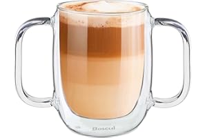 Boscul Two Handled Glass Mug Cup, Double Walled Coffee Glasses Lightweight Cup, 350ml Designed for Elderly, Disability, Arthritis, Weak Grip, Dementia, Tremors, Drinking Aid, Limited Mobility
