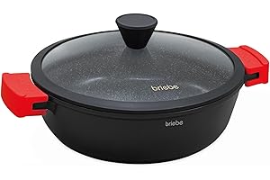 briebe Black Titanium - Pentola da cucina a induzione, antiaderente, in titanio, 32 cm, in alluminio pressofuso, rivestimento senza PFOA, coperchio in vetro, manici in silicone, vetro ceramica, gas