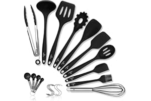 PHILORN Kitchen Utensils Sets 24 Pcs Silicone Cooking Turner Including Spatulas Tongs 10 Hooks 4 Measuring Spoons Slotted Heat Resistant Nonstick Cooking Tools BPA-Free Cookware Black