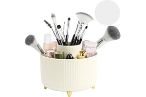 Hebaogugu 360°Makeup Brushes Organizer with Anti-slip Mat, Plastic Rotating Skin Care Organizer, 5 Slots Lazy Susan Cosmetic Storage Tray, Round Display Case for Essential Oil, Lotion (Round/Beige)