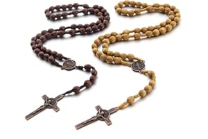 Hifot 2 Piezas Collar Rosario de Madera Mujer Hombre, Collar Católico de Cuentas Collares Oración Sagrada con Colgante Crucifijo Medalla Cruz Collares Largos Rosarios Religiosos