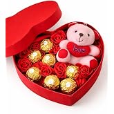 Sevgiliye Hediye, Kırmızı Kalp Kutu İ&ccedil;inde Ferrero Rocher &Ccedil;ikolata, &Ccedil;i&ccedil;ekler ve Sevimli Ayıcık, Yıld&ouml;n&uuml;m&uuml; &amp; Doğum G&uuml;n&uuml; Hediye